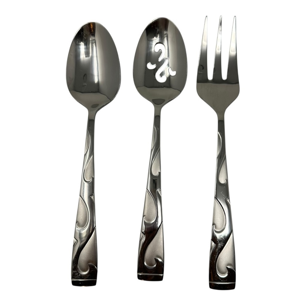 Oneida Stainless Tuscany Pattern Set of 3 Pieces Large Serving Spoons & Fork